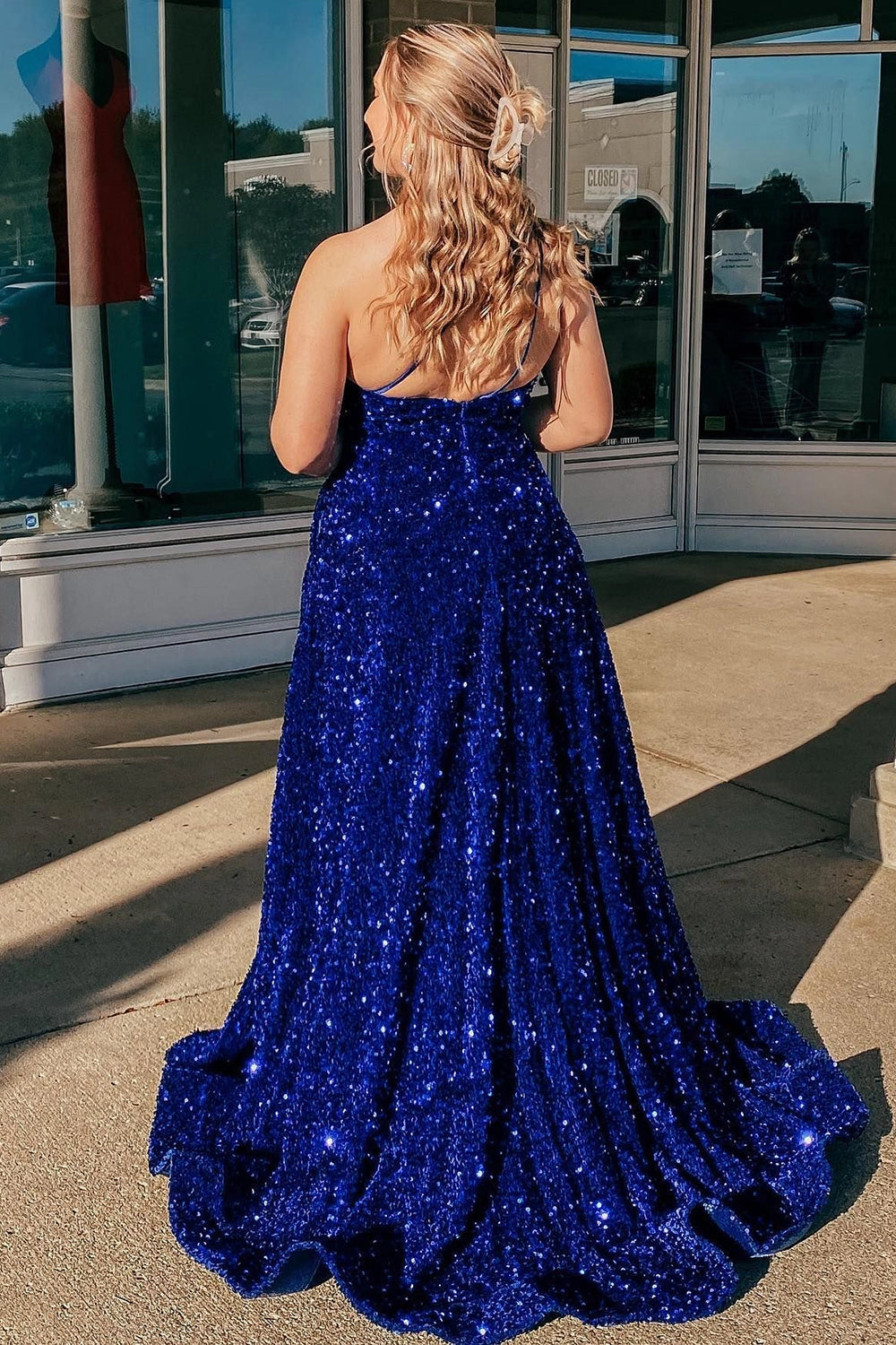 Roselledress royal blue sequin plus size formal dress open spaghetti strap back plus size prom gown back view
