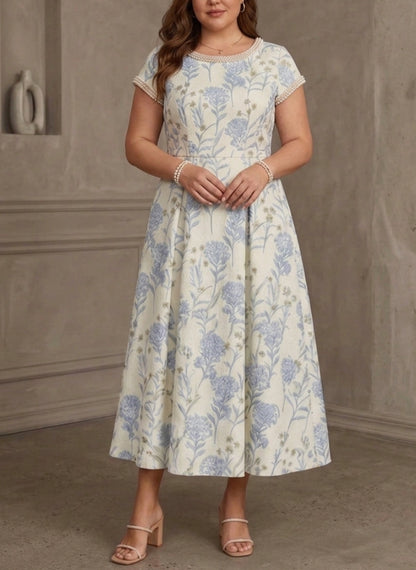 Romantic A-Line Round Neck Short Sleeve Zipper Back Midi Plus Size Wedding Guest Dress