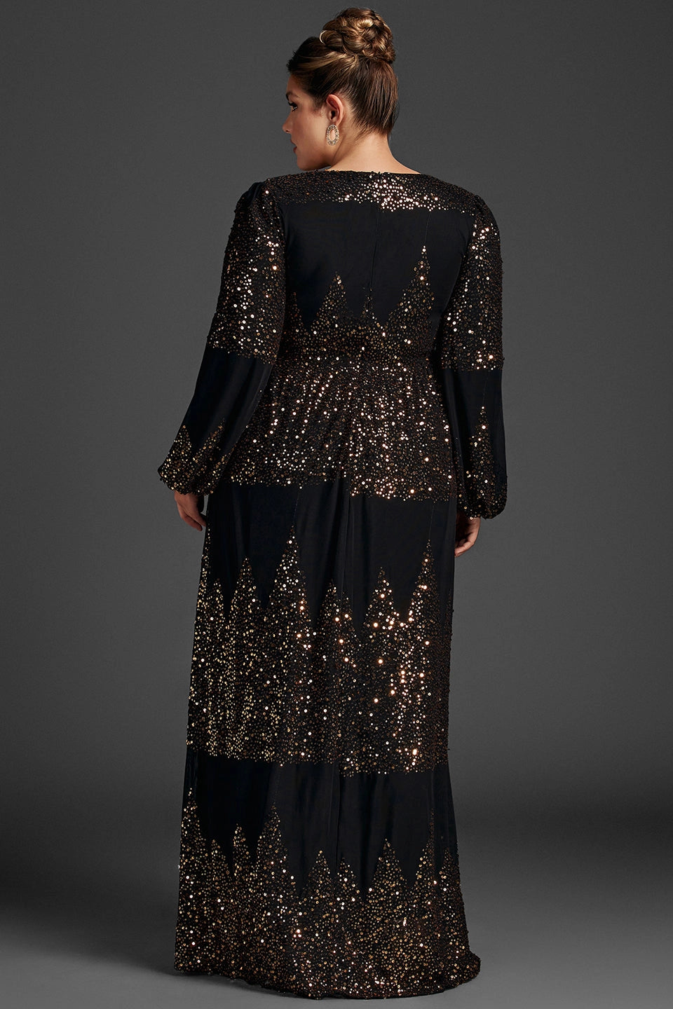 roselledress curvy sequin evening gown solid covered back long sleeve black floor length party dress