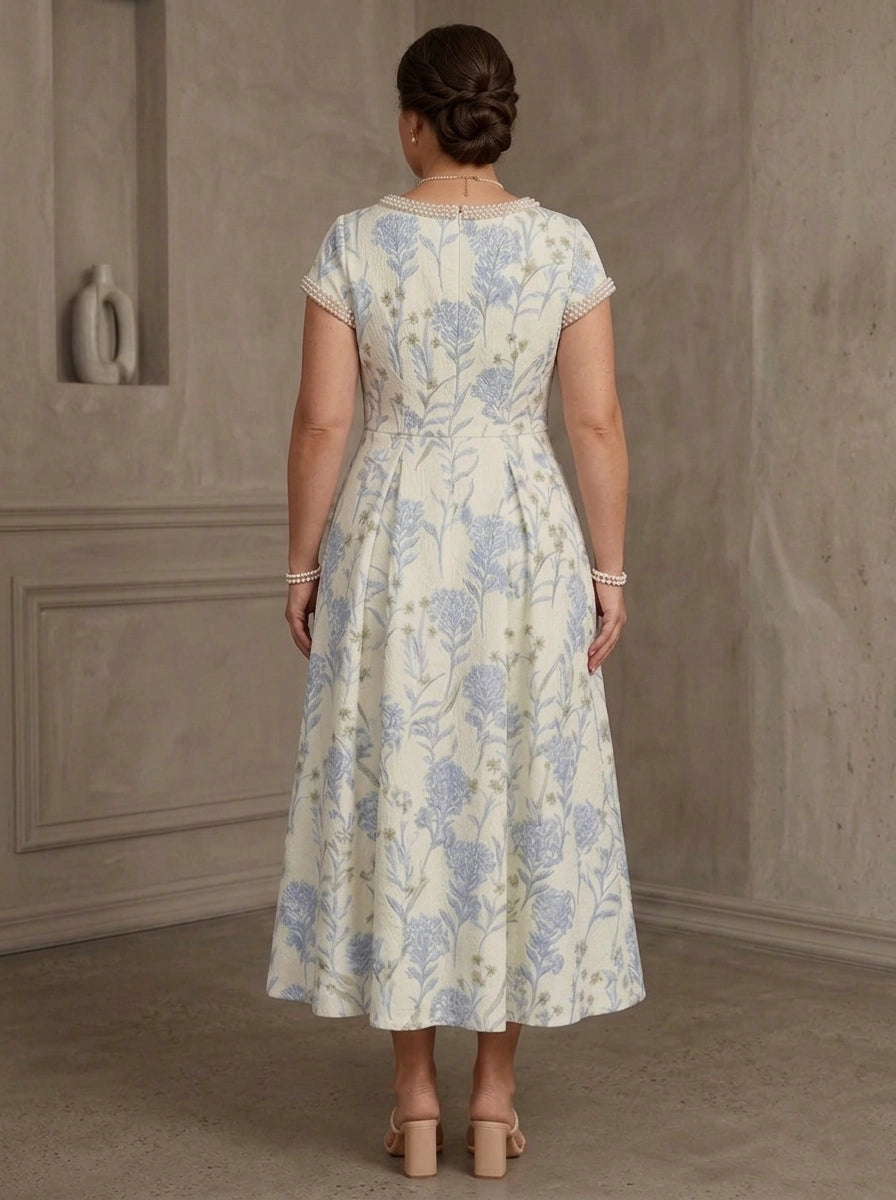 Roselledress plus size floral midi dress back view, pearl trimmed neckline center zipper back modest formal dress