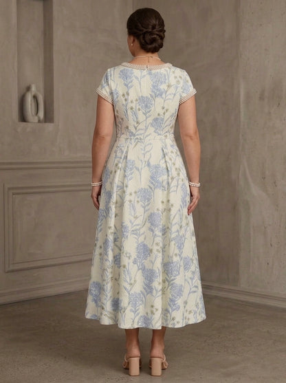 Roselledress plus size floral midi dress back view, pearl trimmed neckline center zipper back modest formal dress