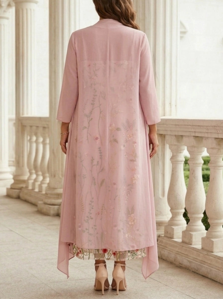 Back view of Roselledress pink plus size two piece mother dress open back long chiffon cover up sheer floral embroidered maxi evening gown