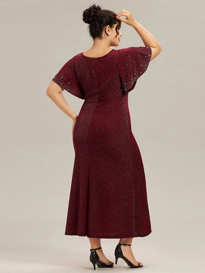 Roselledress sparkly formal dress plus size round neck ruched waist midi party dress back view