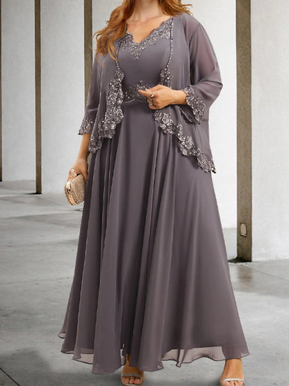 Roselledress Lace Beaded A-Line V Neck Jacket Set Zipper Back Floor Plus Size Mother Of Bride Dress