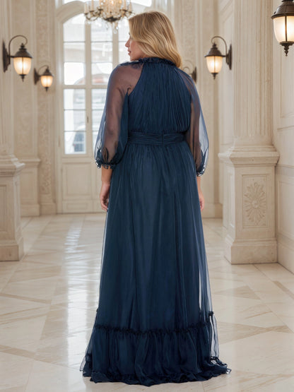 Plus‑Size High Neck Ruffled Chiffon 3/4 Sleeve A‑Line Floor‑Length Wedding Guest Dress