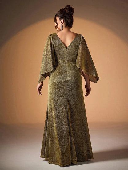 Roselledress gold mermaid formal dress back view, deep v back zipper closure glitter plus size evening gown