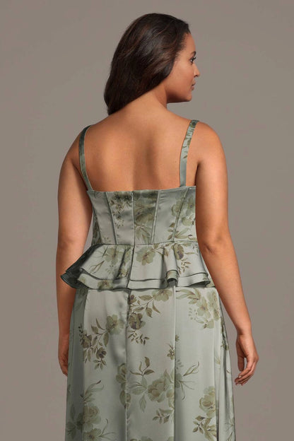 Plus Size Sage Jacquard Satin Corset Peplum Square Neck Long Wedding Guest Dress