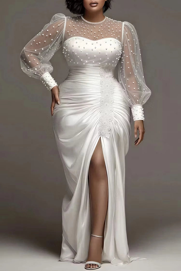 Roselledress White Mermaid High Neck Pearl Sheer Puff Sleeve Satin Slit Plus Size Prom Dress