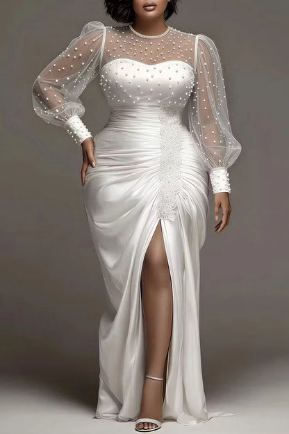 Roselledress White Mermaid High Neck Pearl Sheer Puff Sleeve Satin Slit Plus Size Prom Dress