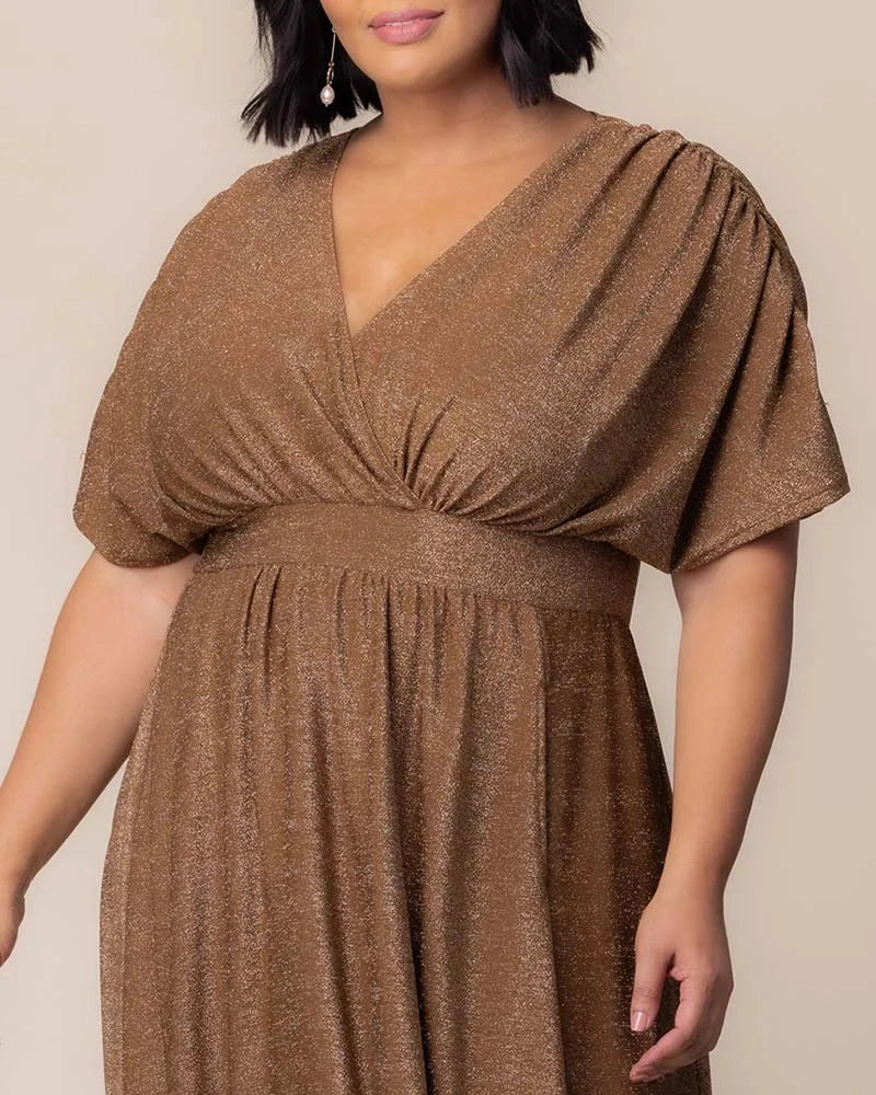 Bronze Shimmer Dolman Sleeve V‑Neck Maxi Plus Size Wedding Guest Dress