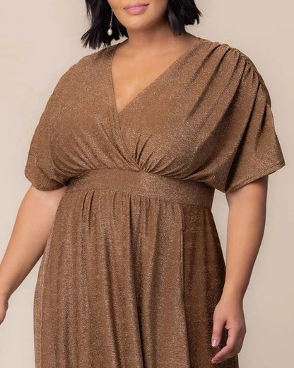 Bronze Shimmer Dolman Sleeve V‑Neck Maxi Plus Size Wedding Guest Dress