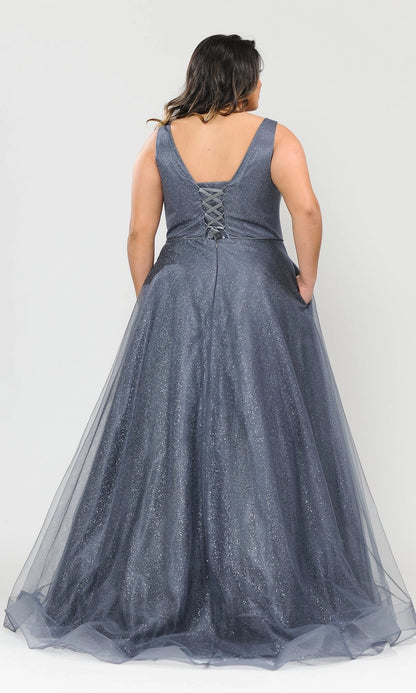 Roselledress sparkly tulle prom dress deep v lace-up corset back floor length plus size formal dress back view