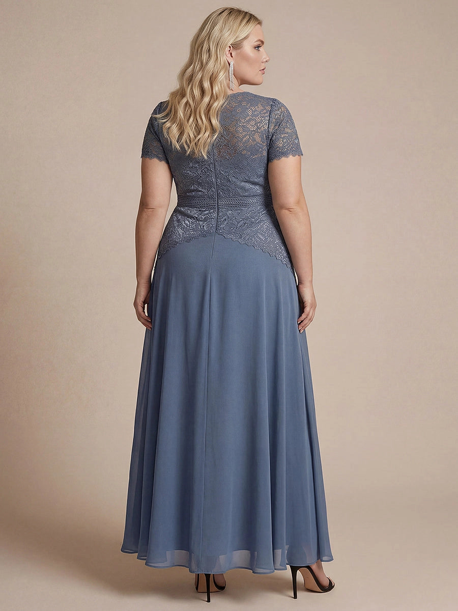 Roselledress Black A Line High Neck Short Sleeve Zip Back Maxi Plus Size Wedding Guest Dress 