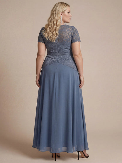 Roselledress Black A Line High Neck Short Sleeve Zip Back Maxi Plus Size Wedding Guest Dress 