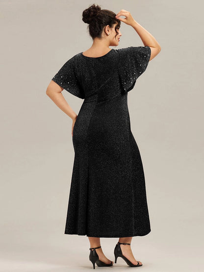 Sheath Glitter Round Neck Rhinestone Flutter Sleeve Ruched Back Midi Plus Size Wedding Guest Dress