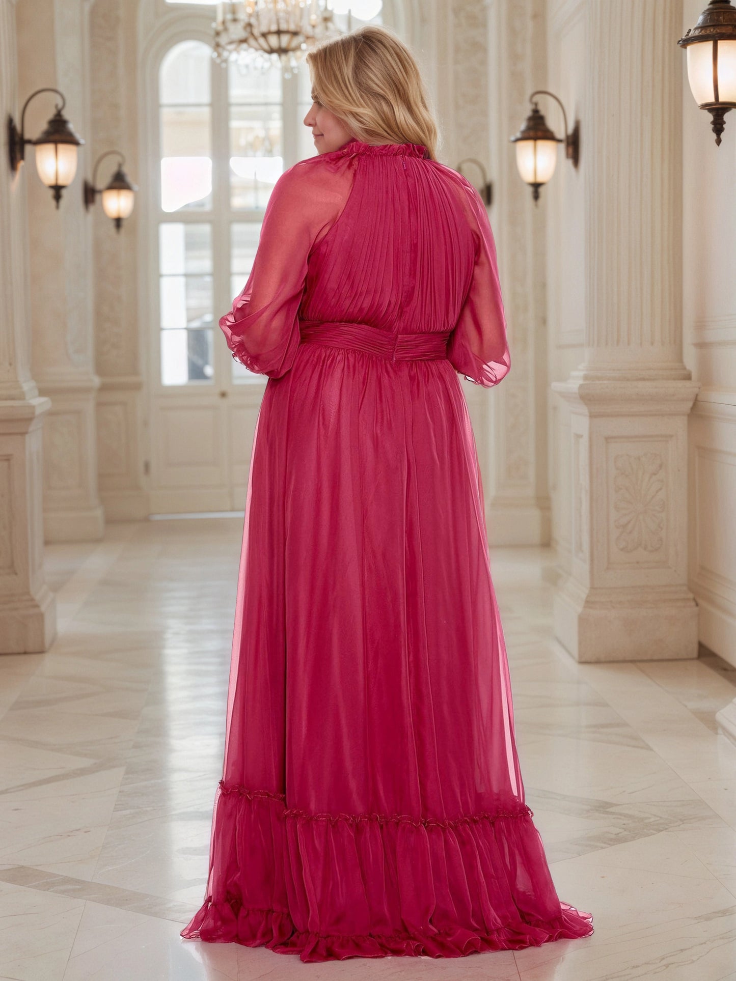 Plus‑Size High Neck Ruffled Chiffon 3/4 Sleeve A‑Line Floor‑Length Wedding Guest Dress