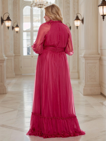 Plus‑Size High Neck Ruffled Chiffon 3/4 Sleeve A‑Line Floor‑Length Wedding Guest Dress