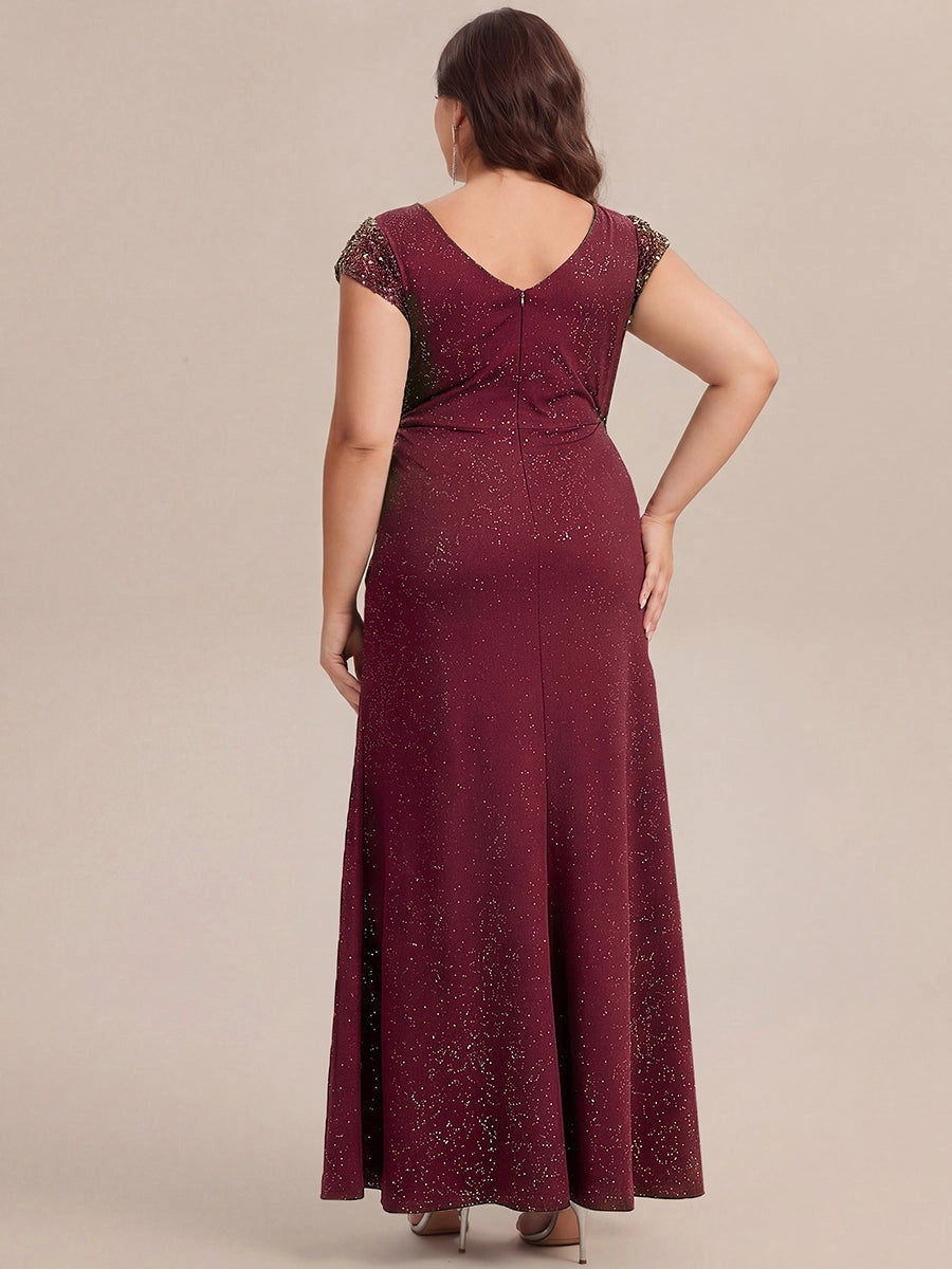 Roselledress Glitter Mermaid Deep V Cap Sleeve V Back Floor Length Plus Size Wedding Guest Dress