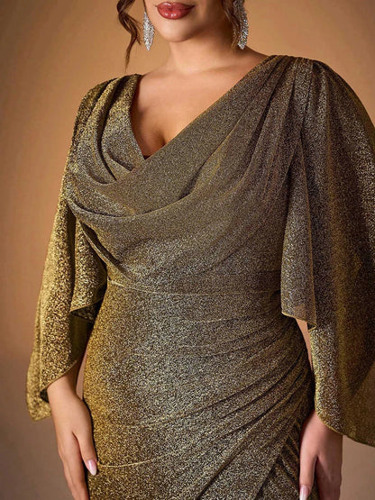 Glamorous Mermaid Cowl Neck Cape‑Sleeve V‑Back Floor‑Length Plus Size Mother Of The Bride Dress