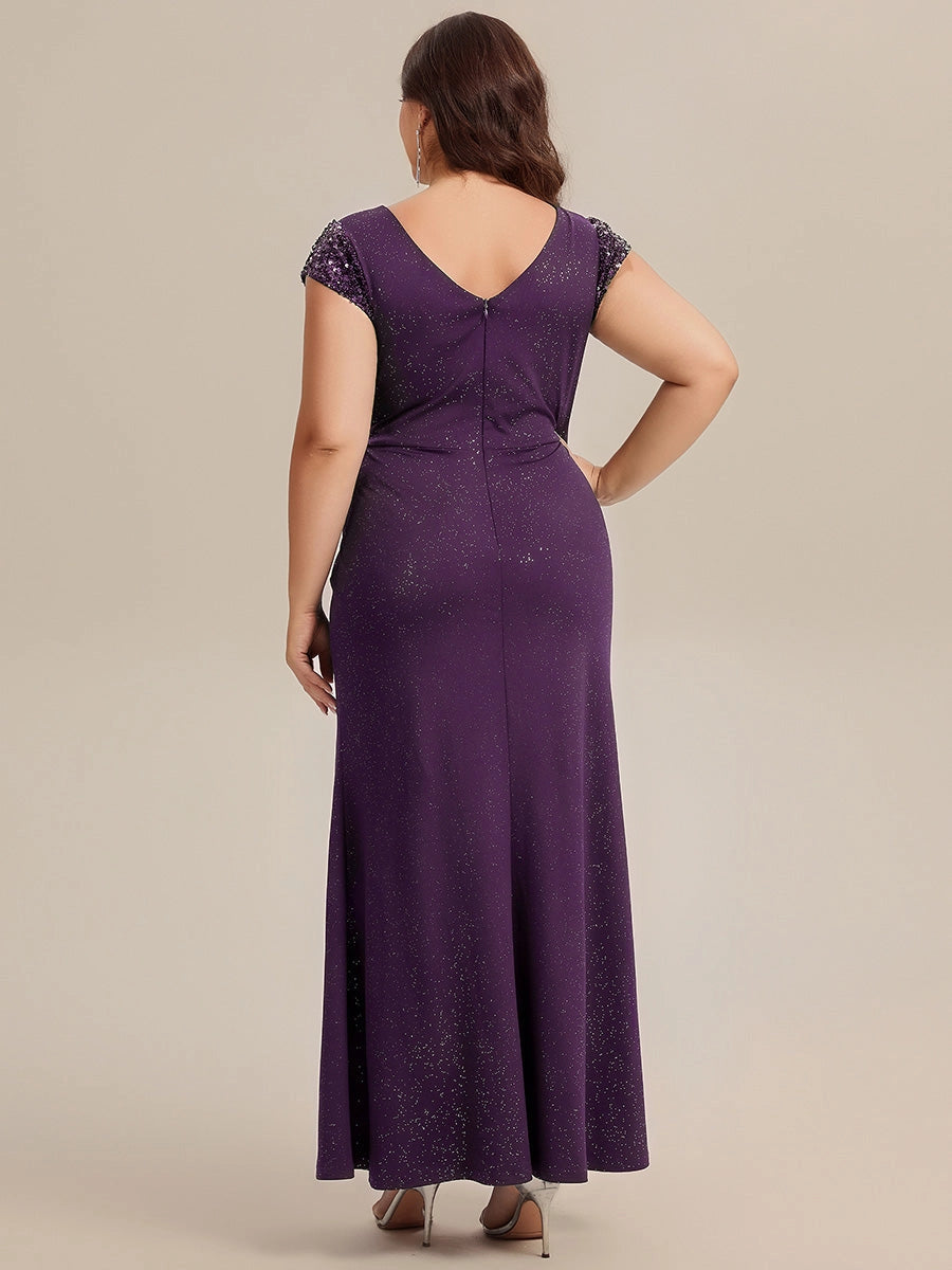 RoselleDress sparkly purple cap sleeve mermaid evening gown low v back zipper plus size mother dress back shot