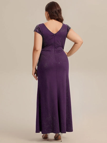 RoselleDress sparkly purple cap sleeve mermaid evening gown low v back zipper plus size mother dress back shot
