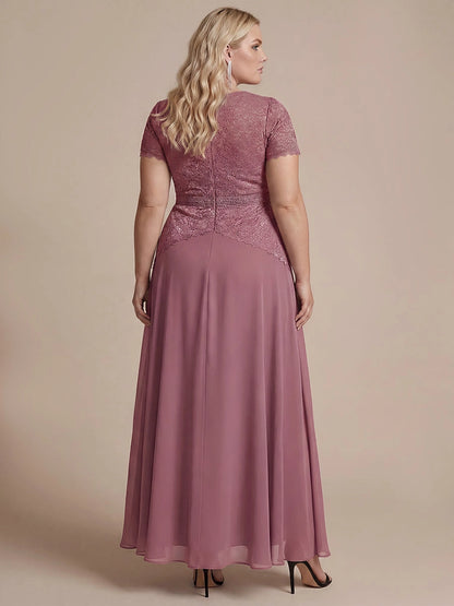 Roselledress Black A Line High Neck Short Sleeve Zip Back Maxi Plus Size Wedding Guest Dress 