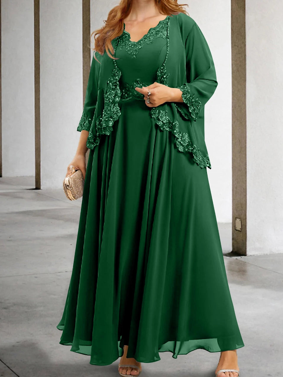 Roselledress Lace Beaded A-Line V Neck Jacket Set Zipper Back Floor Plus Size Mother Of Bride Dress