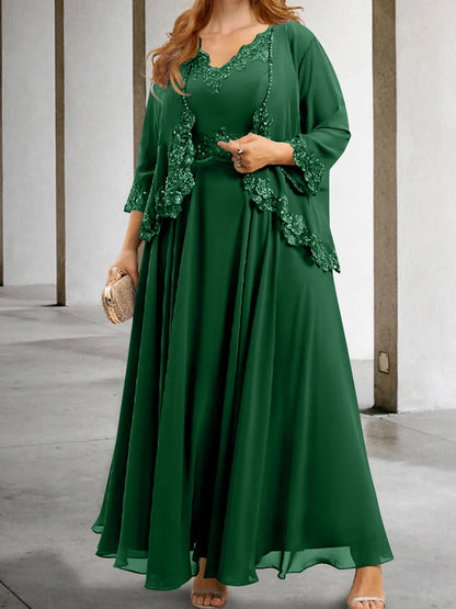 Roselledress Lace Beaded A-Line V Neck Jacket Set Zipper Back Floor Plus Size Mother Of Bride Dress