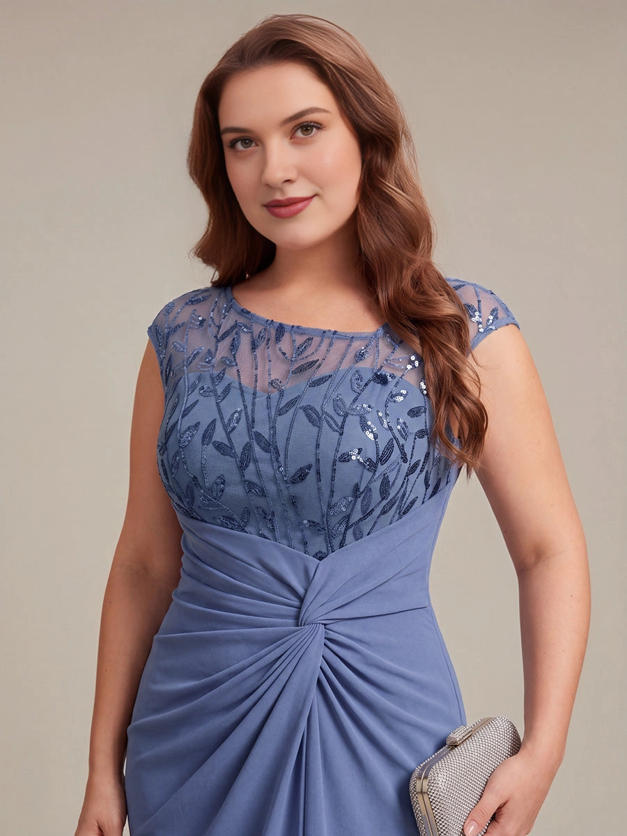 Elegant Sheath Bateau Neck Cap Sleeve Sheer Back Floor-Length Mother of the Bride Dress