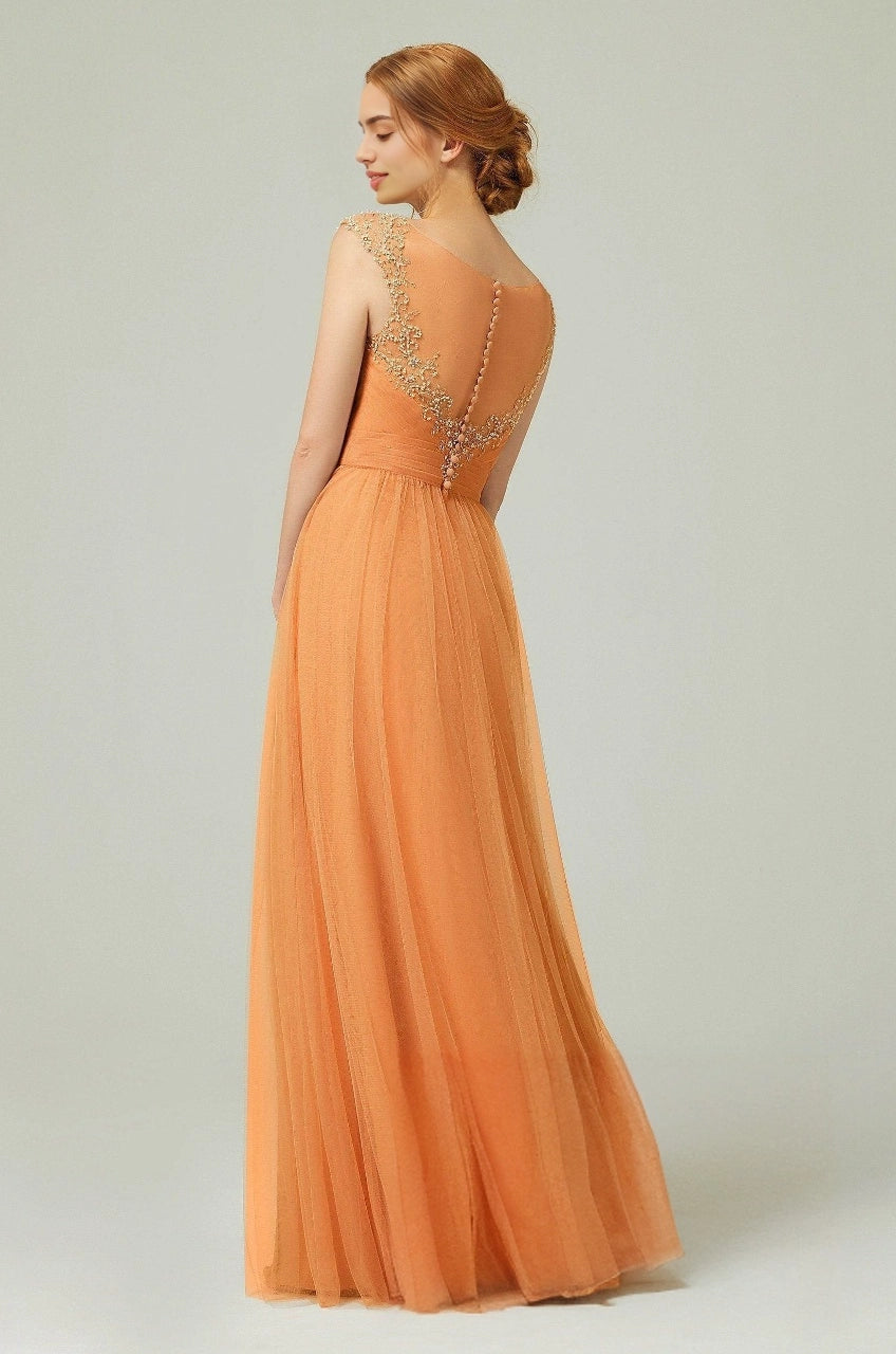 Back view of Roselledress orange bridesmaid dress with a sheer illusion back, ornate beaded trim and a central button row.