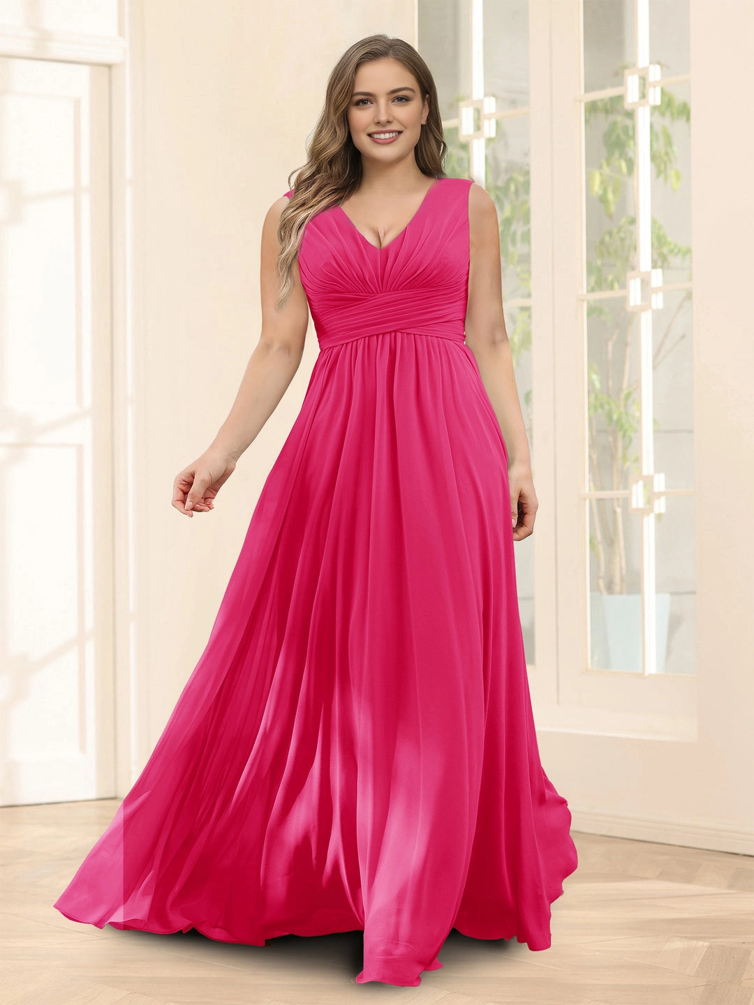 Plus‑Size Sleeveless V‑Neck Empire Waist Chiffon A‑Line Floor‑Length Wedding Guest Dress
