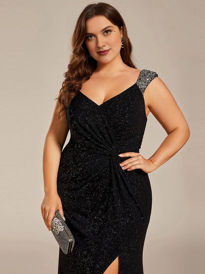Plus Size Glitter V-Neck Beaded Strap Slit Mermaid Long Prom Dress