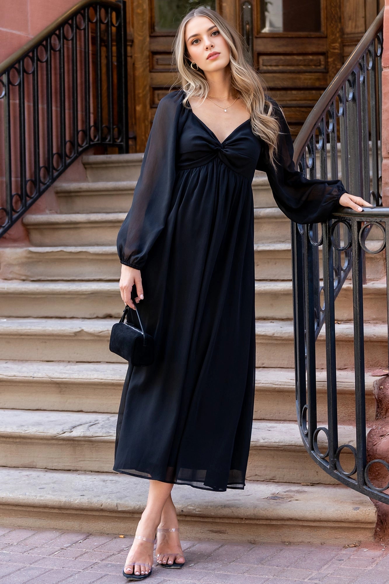 Flowy Midi V-Neck Twist Long Sleeve Smocked-Back Mother Of Bride Dress