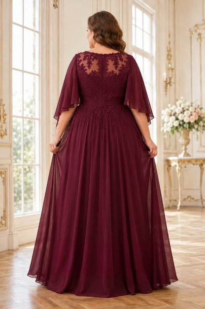 Burgundy plus size chiffon mother of bride dress back view, sheer illusion lace yoke with center back zipper and flutter sleeves
