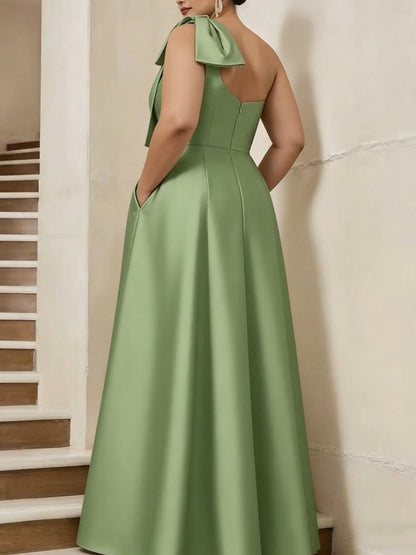 back view roselledress plus size mermaid mother dress one shoulder open back invisible zipper side pockets sage green satin formal long dress