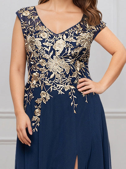 Exquisite A‑Line V‑Neck Cap‑Sleeve V‑Back Floor‑Length Formal Plus Size Mother Of The Bride Dress