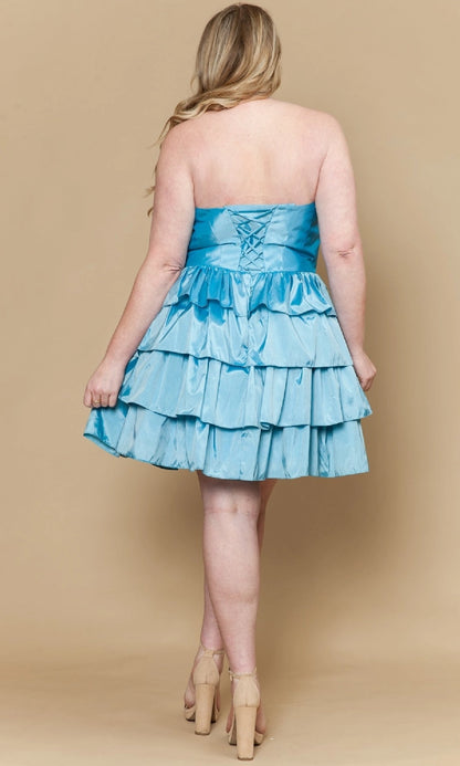 Plus size light blue satin homecoming dress featuring backless corset lace-up detail