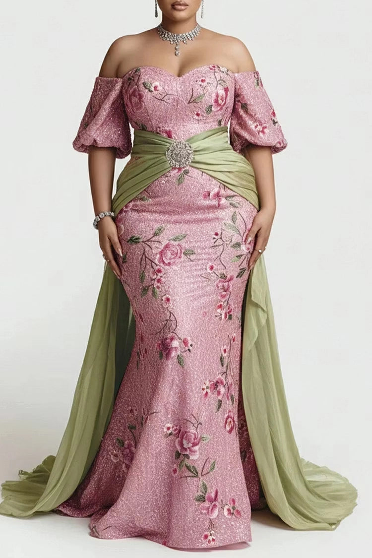 Pink Floral Mermaid Off Shoulder Puff Sleeve Zip Back Sash Train Plus Size Prom Dress