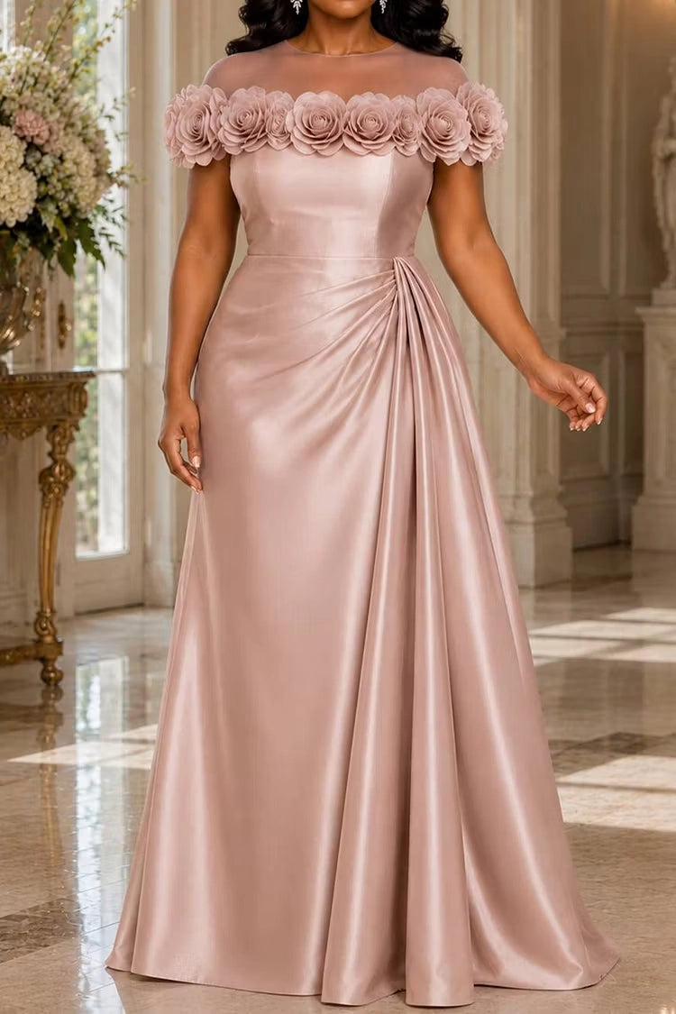 Roselledress Dusty Rose A-Line Illusion Neck 3D Floral Short Sleeve Ruched Satin Maxi Plus Size Prom Dress