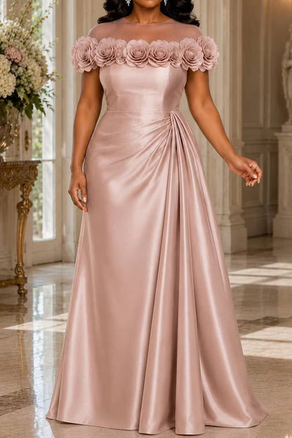 Roselledress Dusty Rose A-Line Illusion Neck 3D Floral Short Sleeve Ruched Satin Maxi Plus Size Prom Dress