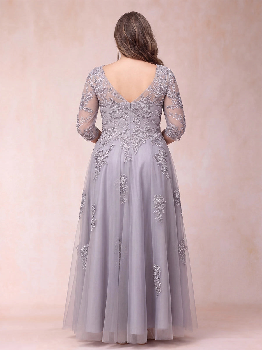 Roselledress back view lavender formal evening dress,illusion v‑back floral lace plus size floor‑length tulle gown