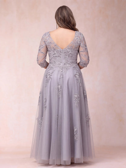Roselledress back view lavender formal evening dress,illusion v‑back floral lace plus size floor‑length tulle gown