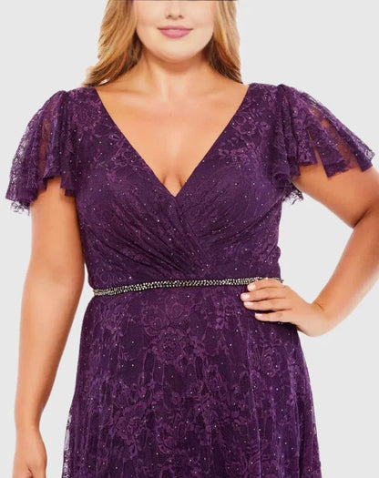Gorgeous A‑Line V‑Neck Flutter‑Sleeve Closed‑Back Train‑Length Plus Size Wedding Guest Dress