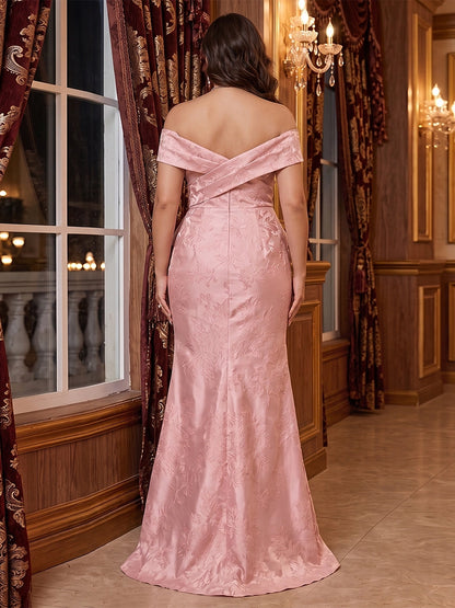 RoselleDress dusty pink plus size wedding guest gown jacquard fabric off‑shoulder crisscross back concealed zipper mermaid silhouette back view