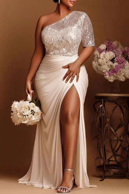 Roselledress Elegant Mermaid One Shoulder Back Zipper Sequin Chiffon Plus Size Prom Dress