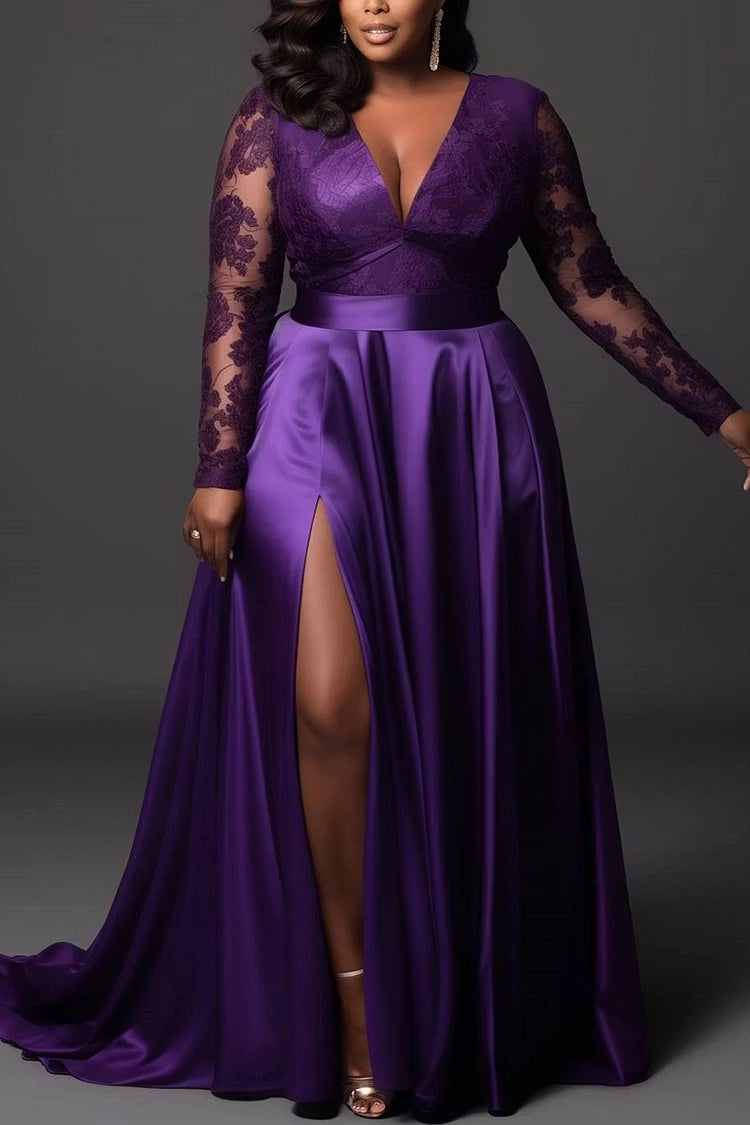 Roselledress Glamorous A-Line Deep V Long Sleeve Back Zipper Lace Satin Plus Size Prom Dress