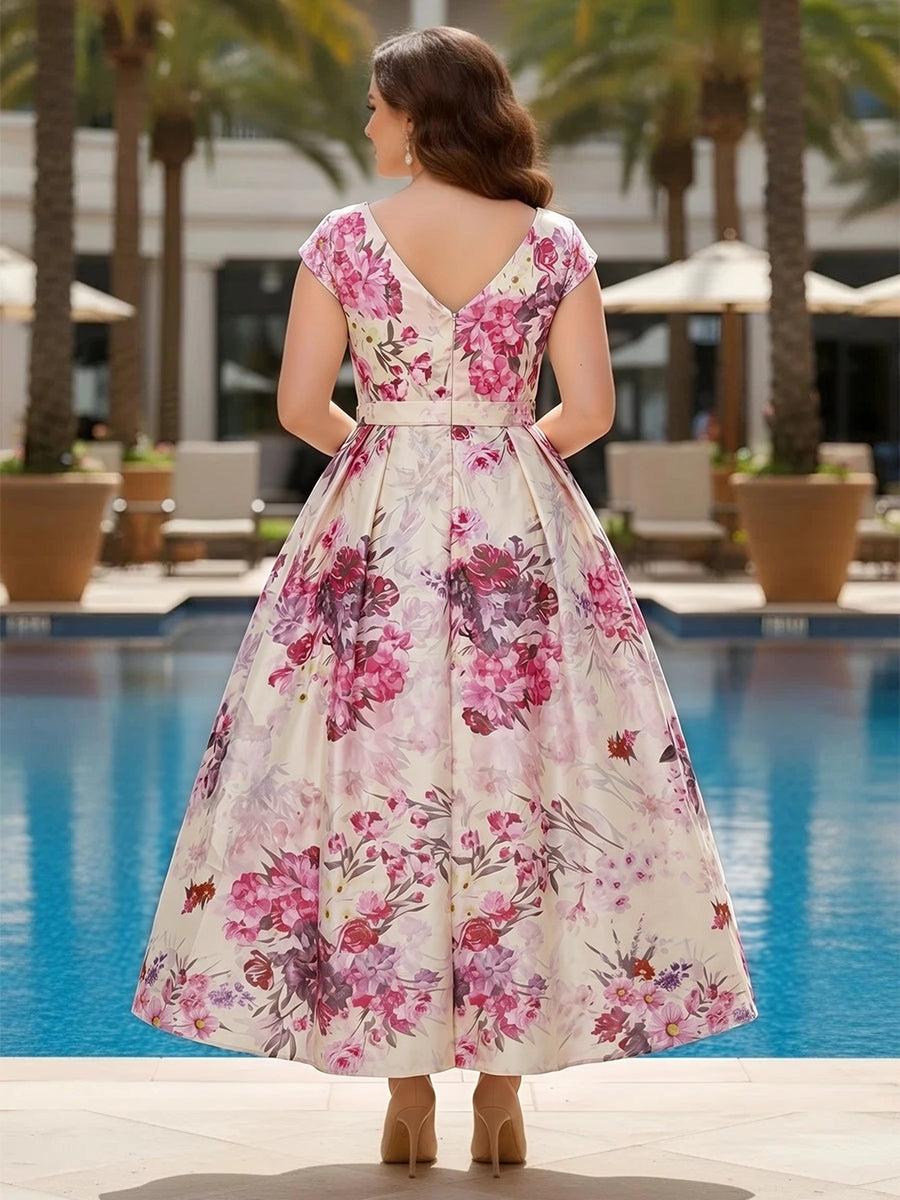 Pink floral plus size formal dress back view, V-back, center back zipper, cap sleeves, belted waist and high-low A-line skirt
