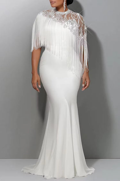 Roselledress White Mermaid High Neck Fringe Cape Zip Back Train Satin Plus Size Prom Dress