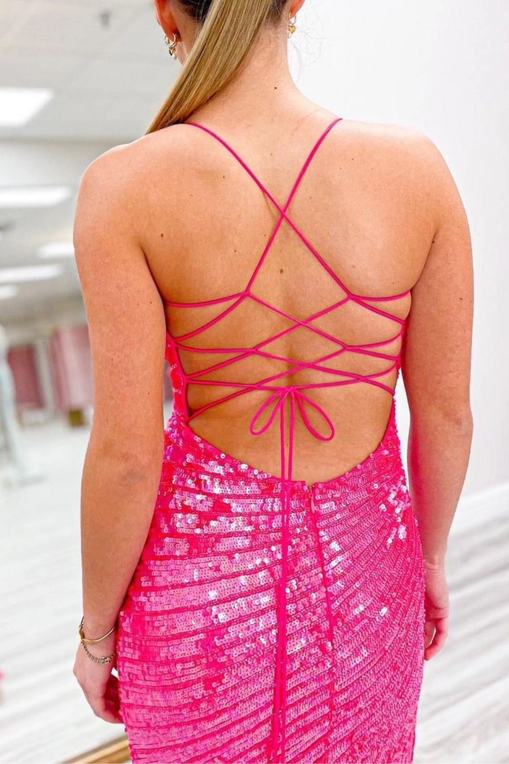Roselledress hot pink sequin prom dress back view, crisscross lace‑up open‑back floor‑length mermaid evening gown