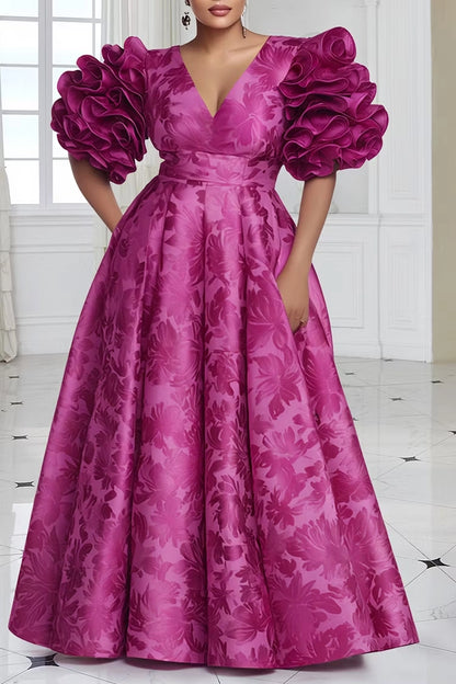 Roselledress Fuchsia A-Line V Neck Ruffle Sleeve Zip Back Maxi Floral Jacquard Plus Size Prom Dress